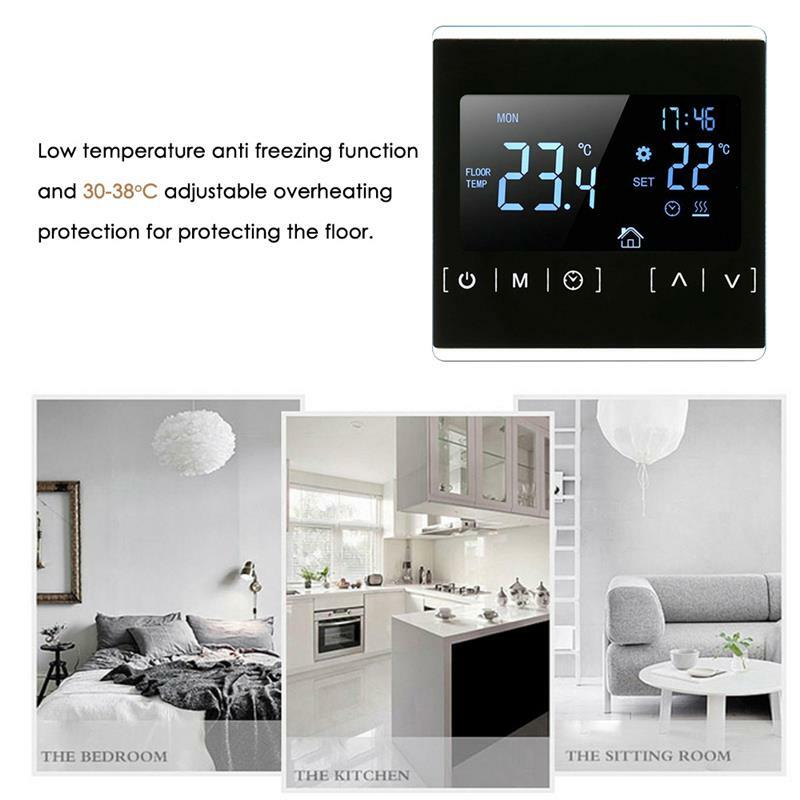 Termostato eléctrico inteligente para calefacción de suelo, controlador de temperatura con pantalla táctil LCD de AC85-240V, luz trasera, para el hogar y el dormitorio