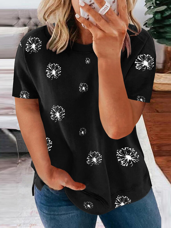 タンポポプリントの女性用Tシャツ,カジュアルな半袖ブラウス,エレガントな黒のタンポポの4xlと5xl,大きいサイズ,2022