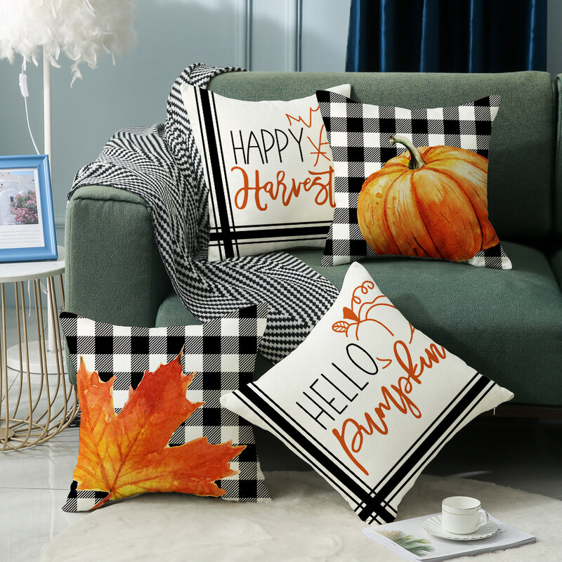Fall Pumpkin Cushion Covers 18x18 Inch Farmhouse Decor Thanksgiving Buffalo Check Linen Throw Pillow Covers Happy Thanksgiving