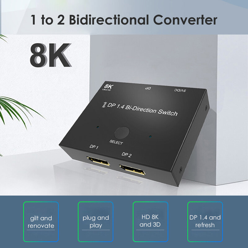 Displayport – répartiteur DP1.4 commutateur bidirectionnel, adaptateur de synchronisation Audio-vidéo 8K/60Hz, commutateur 1x2/2x1 pour ordinateur, projecteur TV