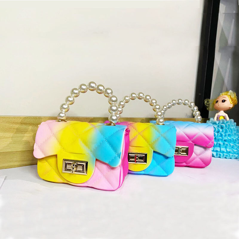 Bolso pequeño de gelatina para mujer, bolsa de PVC con gradiente de Color espray, con perlas, cadena, bandolera de hombro, a la moda, 2021