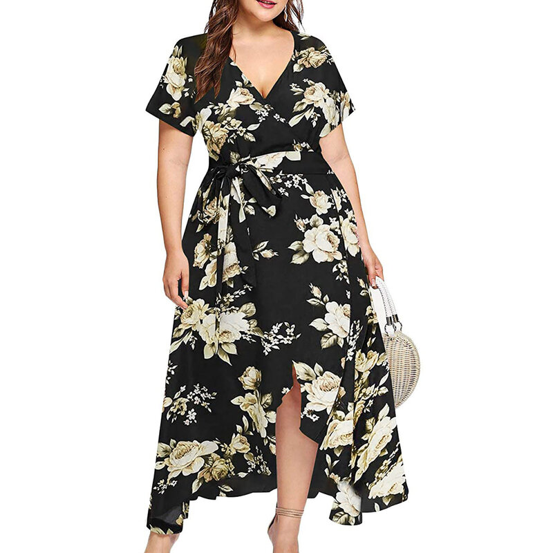 Frauen Plus Größe Kleider V-ausschnitt Floral Print Kurzarm Boho Kleid Party Kleid Große Größen Maxi Sommer Sommerkleid vestidos mujer