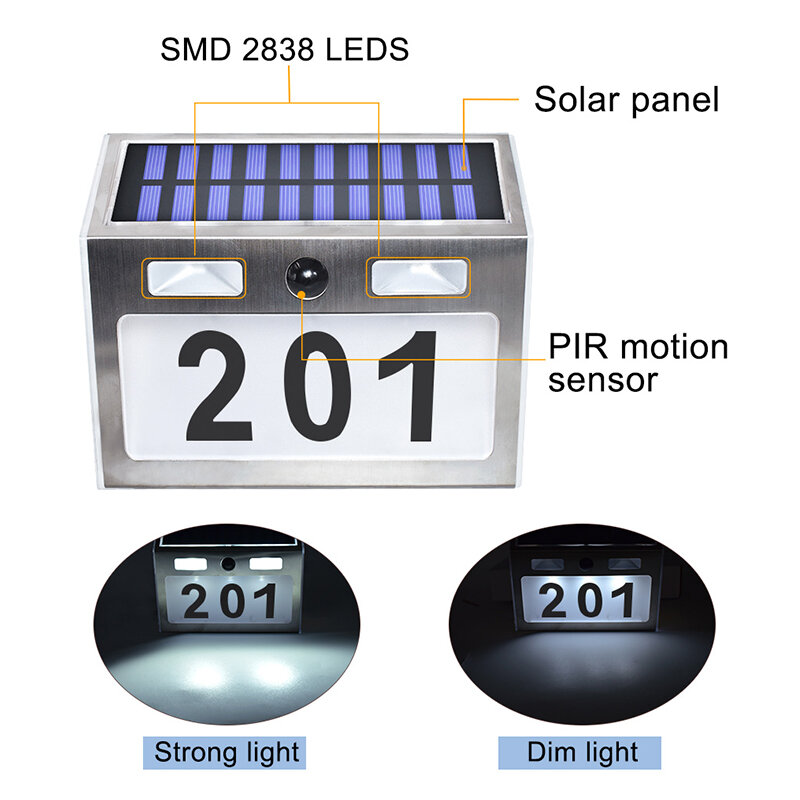 Plaque de porte LED à énergie solaire en acier inoxydable avec capteur de mouvement, éclairage pour porte de jardin ou de cour