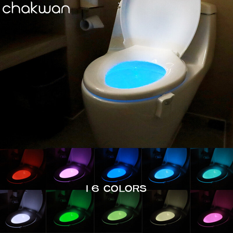 Luz noturna para assento sanitário, lâmpada com sensor de movimento inteligente, 16 cores, à prova d'água, retroiluminação para vaso sanitário