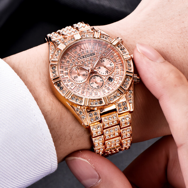 Relógio masculino luxuoso de aço inoxidável, relógio de pulso, estilo hip hop, marca famosa de luxo, dourado