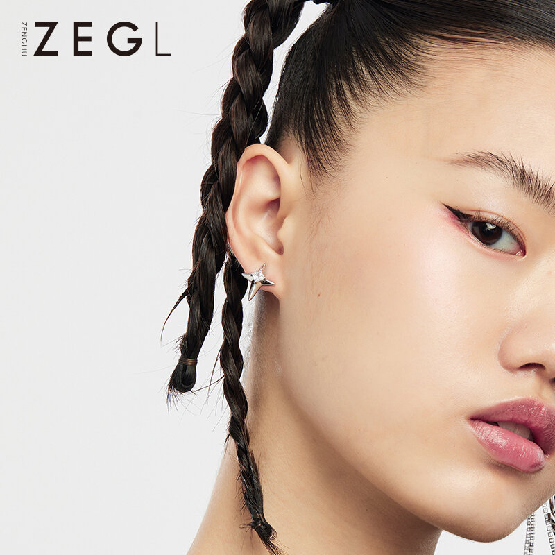 ZEGL Designer Happy New Year พู่ต่างหูหญิง Temperament Star Ear Studs เงิน925เข็มไม่สมมาตรแหวนหู
