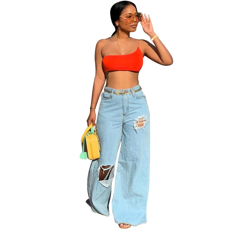 Plus Size Broken Hole Women Jeans Wide Leg Baggy Trousers High Waist Ripped Female Denim Pant Indie Clothes Aesthetic Jean