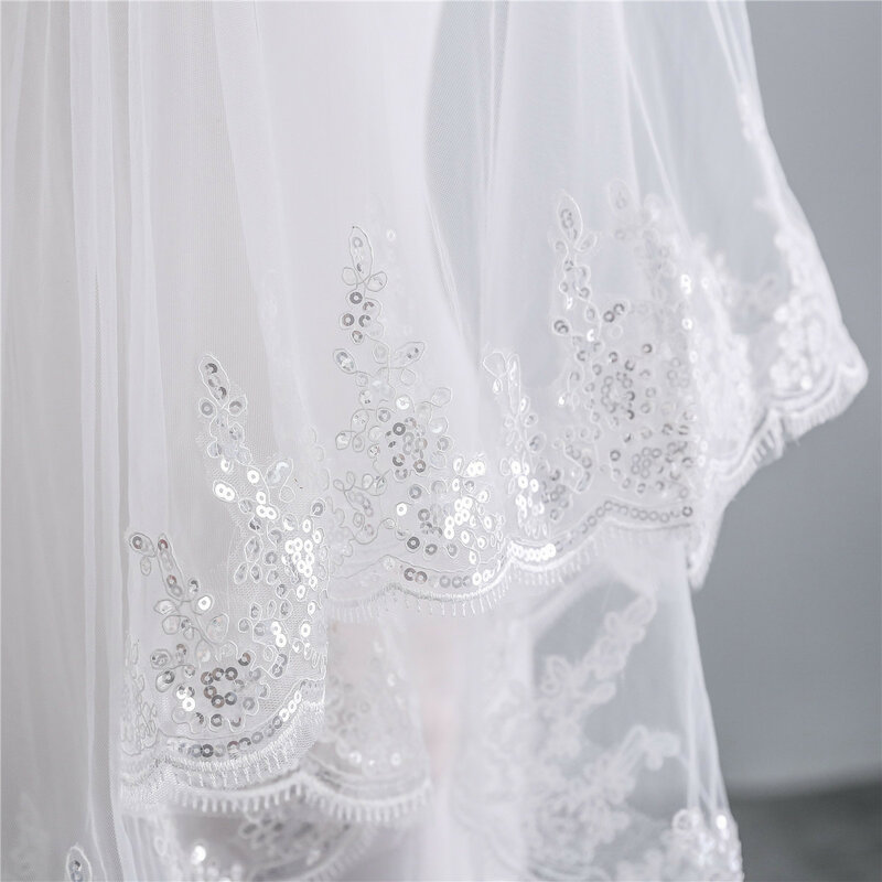 NUZK Kerudung Pengantin Gading Putih Tule Pernikahan Sederhana dengan Manik-manik Kerlip Tepi Renda untuk Wanita Aksesori Kerudung Pesta Pernikahan