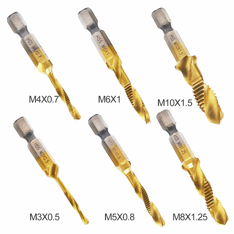 HSS Thread Spiral Screw Metric Composite Tap Drill Bit 6pcs/1pcs 1/4 Hex Shank Tap M3 M4 M5 M6 M8 M10 Woodworking Tool