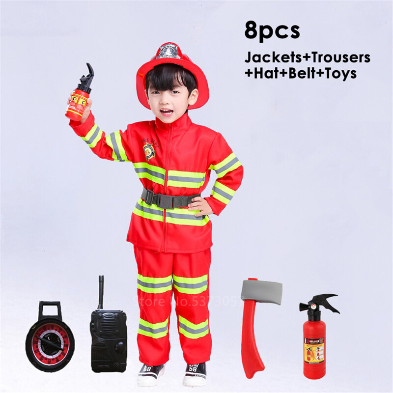 Crianças uniforme bombeiro crianças sam bombeiro traje cosplay roupa de trabalho terno menino menina desempenho trajes festa role play