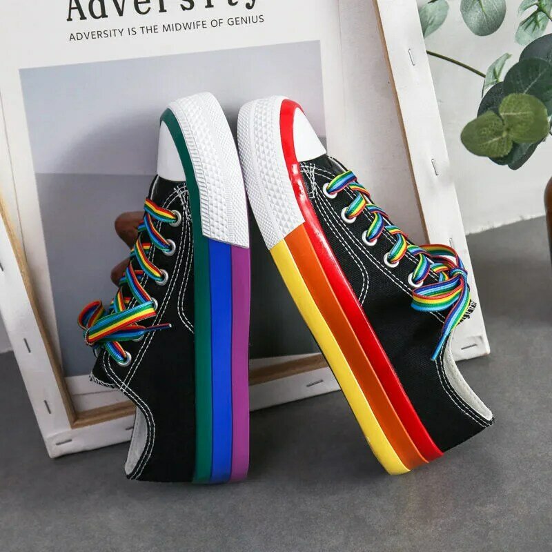 Harajuku Rainbow Canvas Shoes Women Casual Wild Lace-up Low Top Flat Sneakers 2020 Yellow Fashion Student Streetwear Flats White