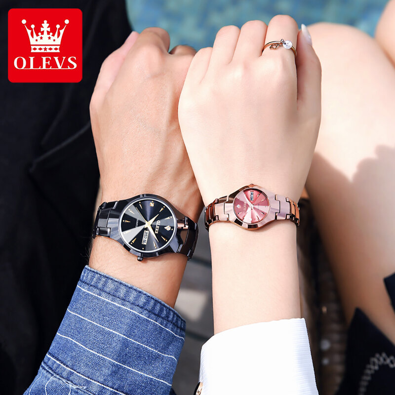 Olevs casal relógio de aço inoxidável banda moda à prova dwaterproof água seu e seu luminoso quartzo relógio de pulso conjunto para os amantes um par