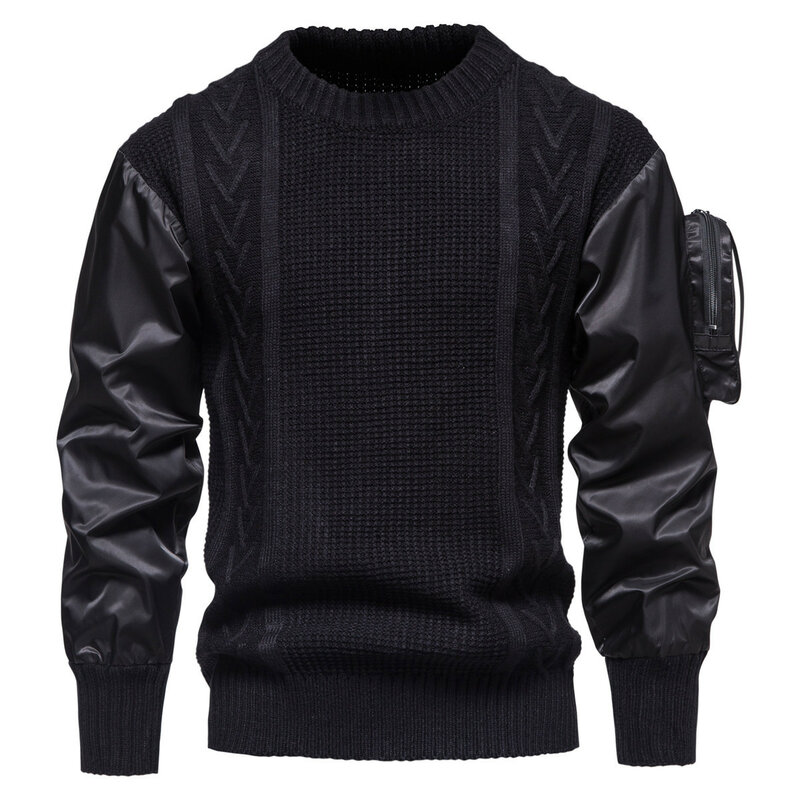 Suéter holgado informal con cuello redondo para hombre, ropa de calle de gran tamaño con bolsillo único, prendas de punto con costuras, novedad de invierno, 2021