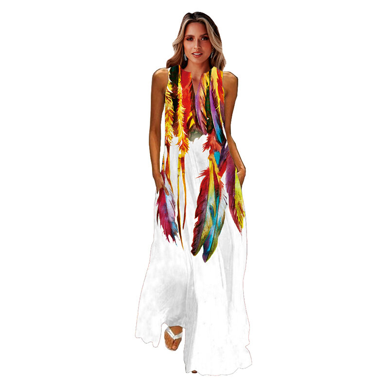 WAYOFLOVE Feather Necklace Print 2022 Dress Casual Vintage Sleeveless Dresses Summer Woman Elegant Loose Beach Maxi Dress Women