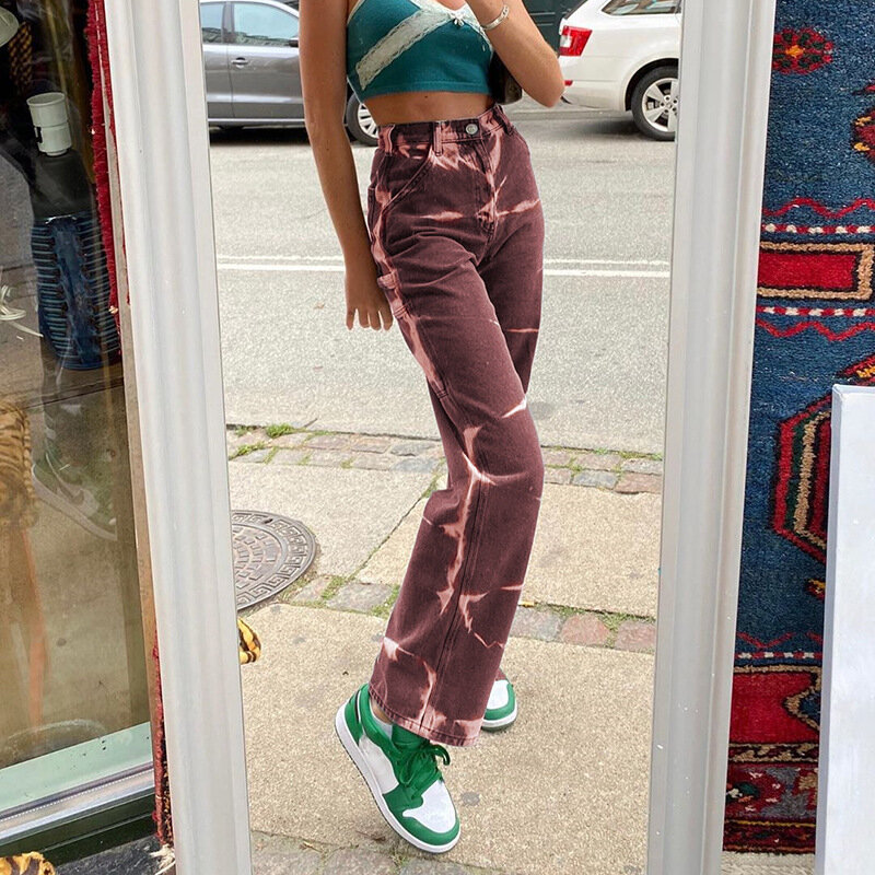 Street-Style Persönlichkeit Tie Dye Drapieren Gerade Bein Jeans frauen Hohe Taille Casual Hosen