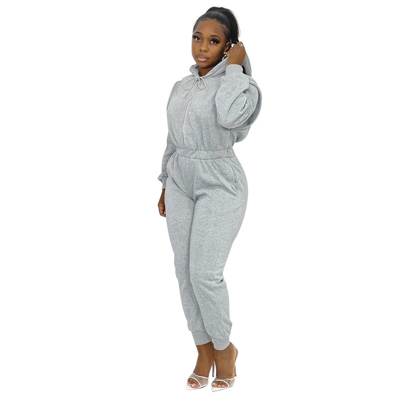 Combinaison à capuche grise à manches longues, grande taille, décontractée, avec poches, Slim, pantalon ample, pour femmes africaines, nouvelle collection hiver 2022, S-5XL