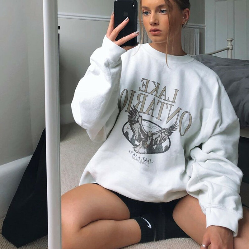 2021 Streetwear Beige White Vintage Letter Printed High Quality Crewneck Sweatshirt Women Oversized Winter Clothes Tops Casual