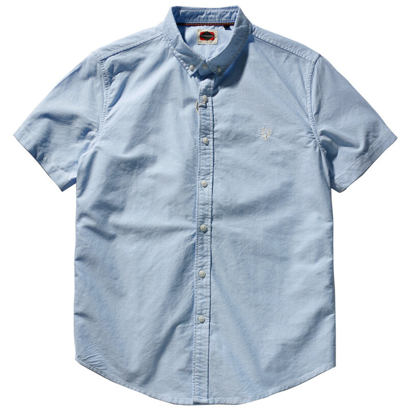 Camisa Oxford bordada para hombre, camisa de negocios a la moda, versátil, de manga corta, con solapa lavada, Tops ajustados de fondo, novedad de verano 2021
