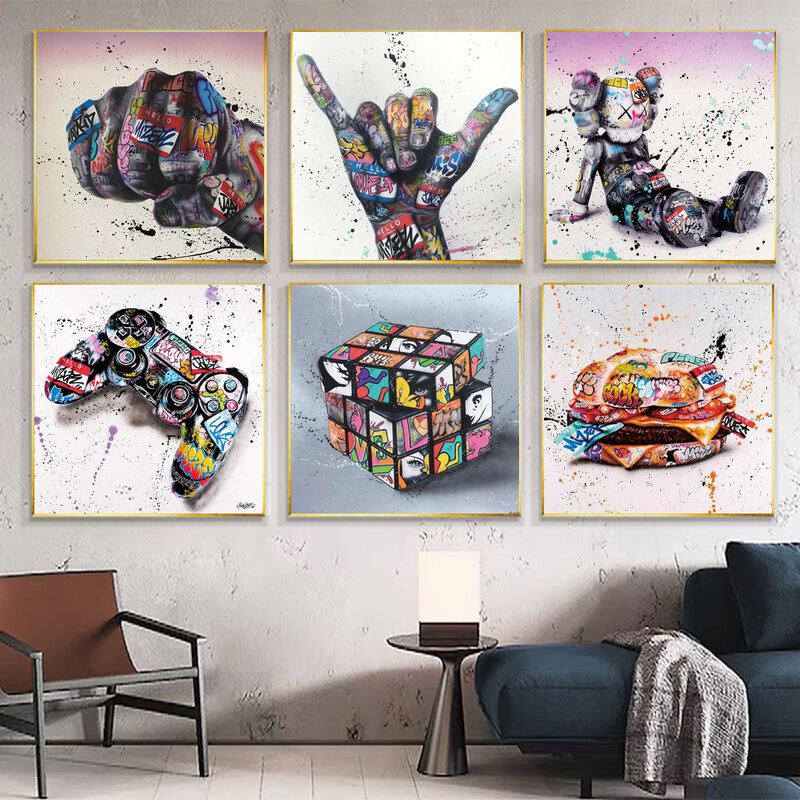 Graffiti art color poster gesture text Abstract Art square canvas painting living room children's room home decoration mural