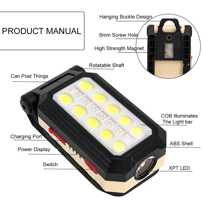 Luz de trabajo COB recargable por USB, linterna Led portátil, linterna táctica para la cabeza, resistente al agua, pantalla de energía para Camping