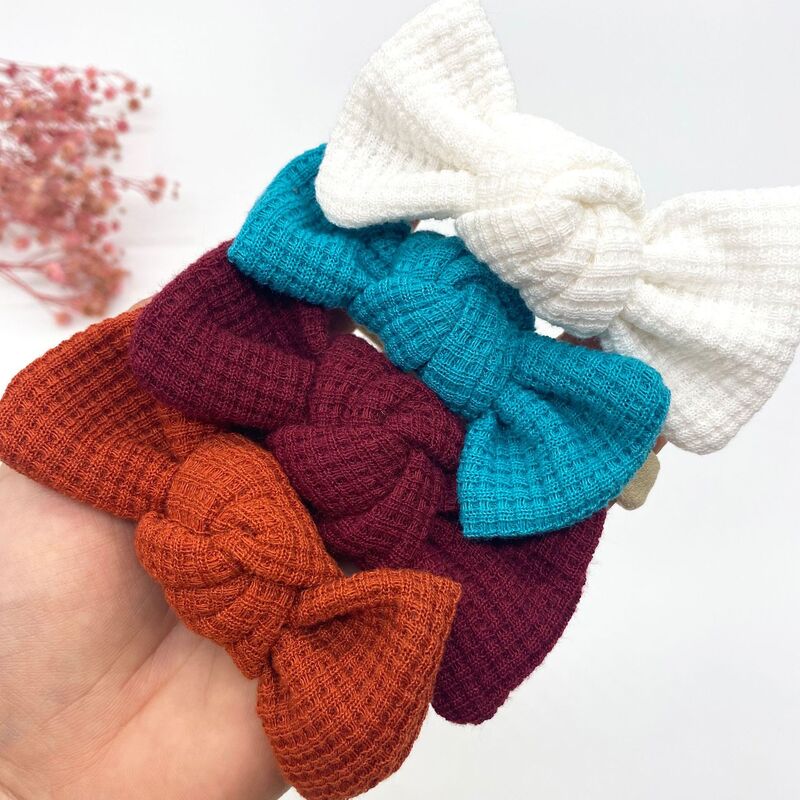 2 PCS/Lot, 3.9” Waffle Knit Bow Baby Headband, Knotted Bow Skinny Nylon Headbands Newborn Baby Shower Gift