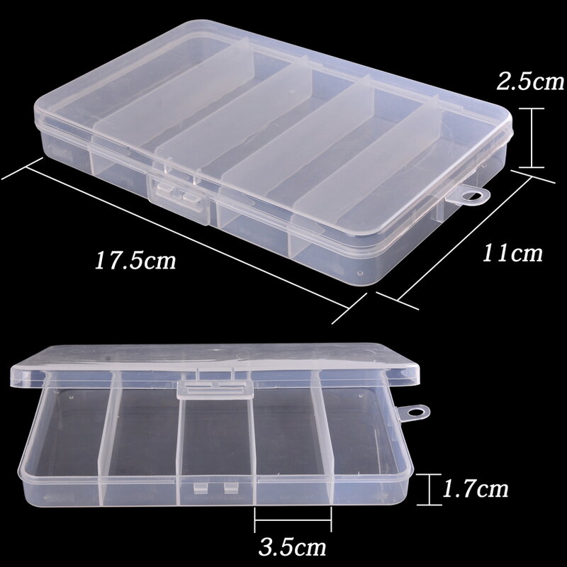 Caja de almacenamiento de plástico transparente de alta calidad, contenedor de 5 compartimentos para señuelo de pesca, anzuelo de cebo, caja de herramientas de aparejos