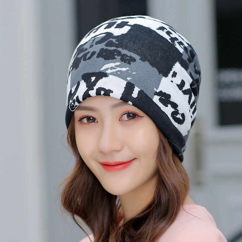Gorros de chapéu quentes para mulheres, coreanos primavera outono inverno 4 use cachecol gorro de malha chapéu estampado quadril gorros para meninas