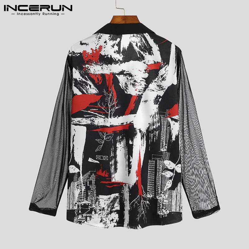INCERUN Tops 2021 Handsome Well Fitting Men's Shirts Sexy All-match Breathable Mesh Irregular Printing Long-sleeved Blouse S-5XL