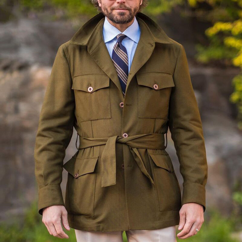 Mens Windbreaker Jacket Vintage ArmyGreen Long Sleeve Single Breasted Spring Autumn Business Trench Male Retro Classic Coat Men