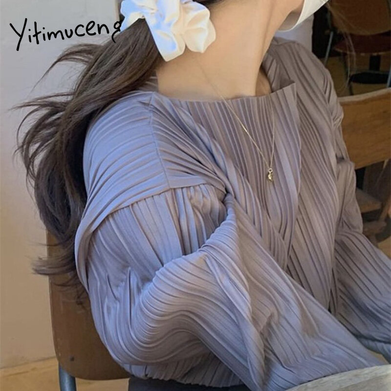 Yitimuceng Folds Blouse Women Vintage Oversized Shirts Korean Fashion Long Sleeve Office Lady Purple coffee Tops 2021 Spring New
