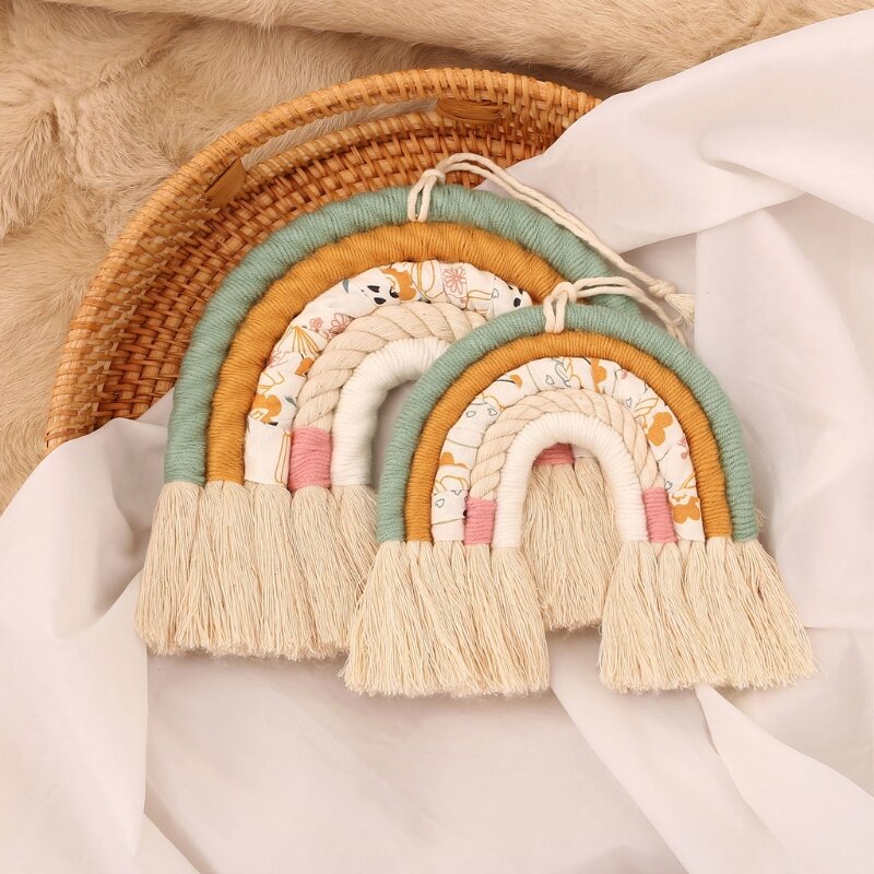 OOTDTY 5 Linien Macrame Regenbogen Hängen Ornament DIY Seil Handarbeit Gewebt Wand Decor Baby Mädchen Zimmer Dekor Hause Kinderzimmer Dekor