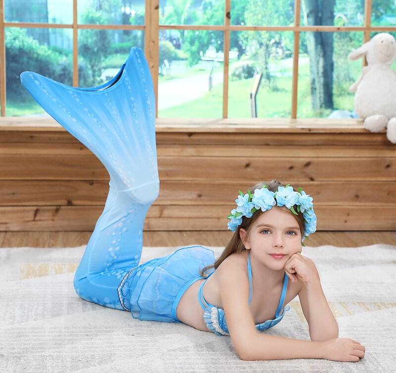 Kids Mermaid Tail Swimsuit with Fins Tops Bikini Suit Girls Monofin Swimmable Halloween Costumes Cosplay Swimming Wear Flipper