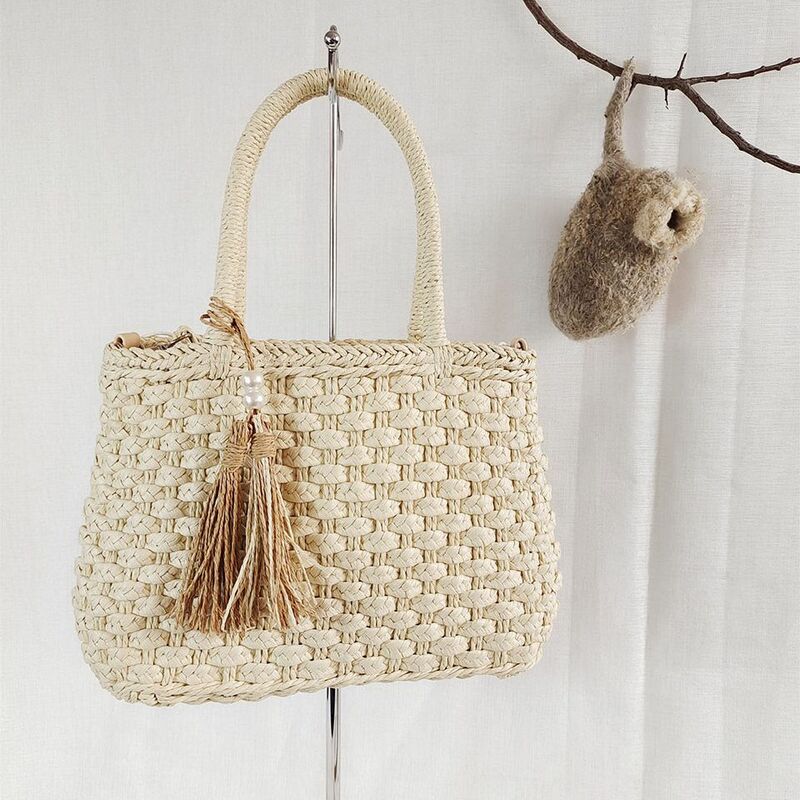 Letnia słomiana torba 2021 New Handmade Knitting Tassel Small For Women Beach Travel Rattan Handbag Sac Ete