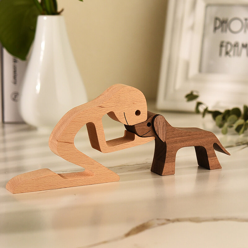 木製クラフト置物ホームデコレーションオーナメント装飾木製子犬人間彫刻犬テーブル装飾彫刻futniture装飾