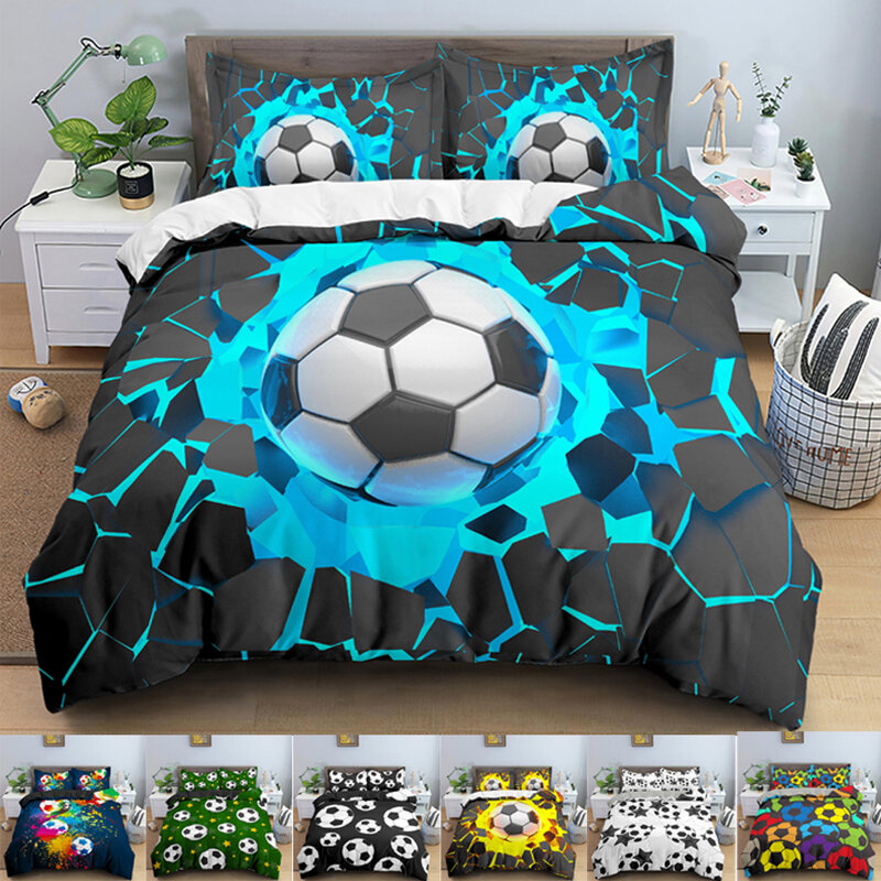 Funda nórdica de fútbol 3D para niños, juego de cama de 210x210, edredón con cierre de cremallera, tamaño King, 2/3 piezas