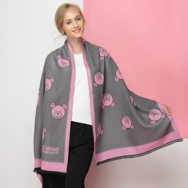 Shawl Woman Autumn and Winter 2022 New European and American Style Women's Scarf Lovely Bear Tower Double-sided Cashmere Scarf