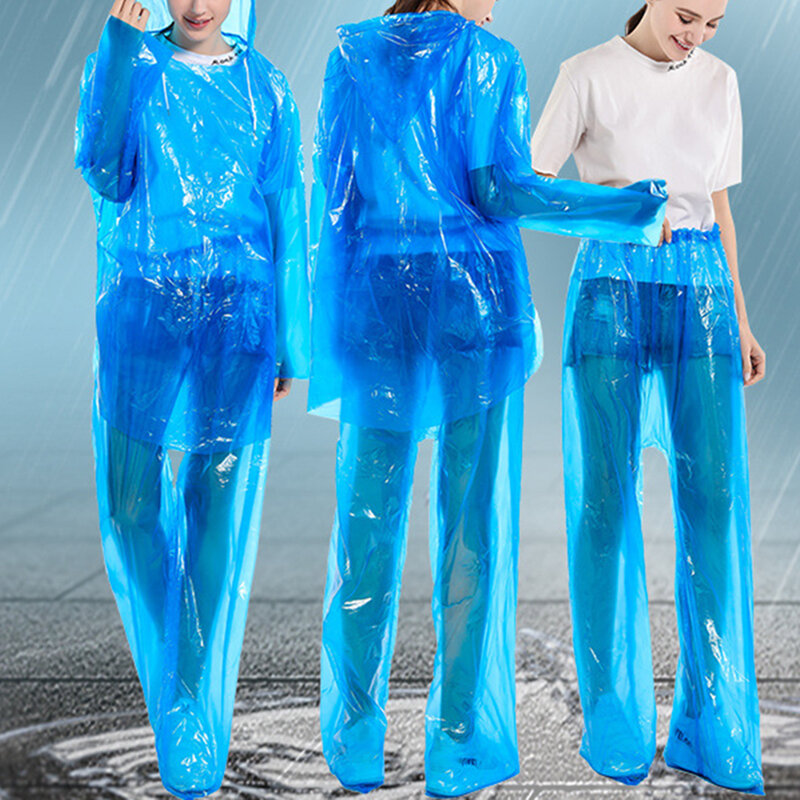 2 stücke Frauen Männer Wasserdichte Einweg Regenmantel Erwachsene Split Mit Kapuze Regenbekleidung Set Im Freien Mit Kapuze Anzug Regen Mäntel