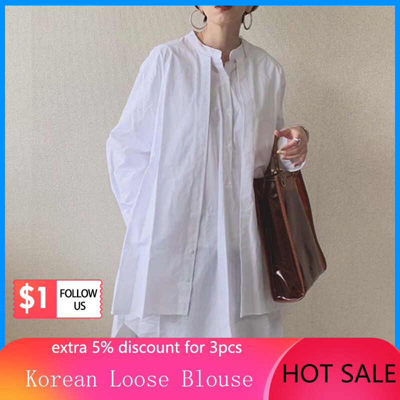 Korean Fashion Frauen Bluse 2021 Frühling Sommer Langarm Gefälschte Zwei Stück Patchwork Pullover Lose Weiß Shirts Weibliche Tops