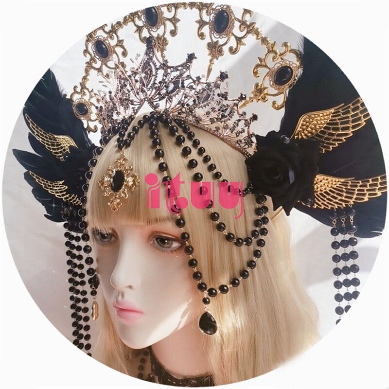 Lolita – chaîne avec ailes d'ange noir, pendentif en perle, coiffure gothique à pointes, couronne dorée Sunburst, accessoire à la mode