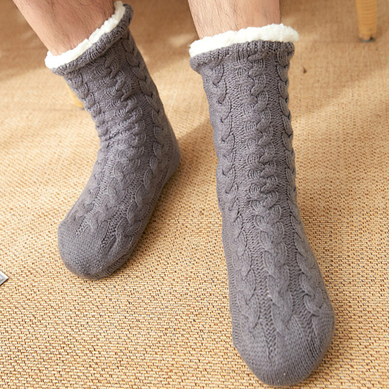Chinelos de crochê de meia com pele de pelúcia quente quarto confortável antiderrapante chinelos de casa para homem tamanho grande macio