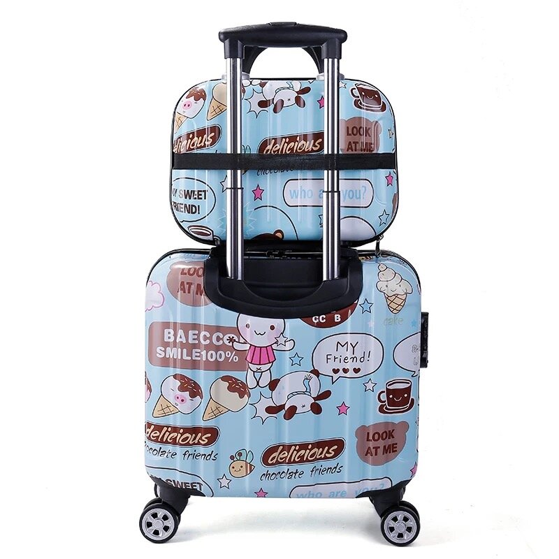18 polegada trole conjunto de bagagem dos desenhos animados bonito do miúdo mala de viagem com rodas carry on cabine bagagem estudante saco de cosméticos trole