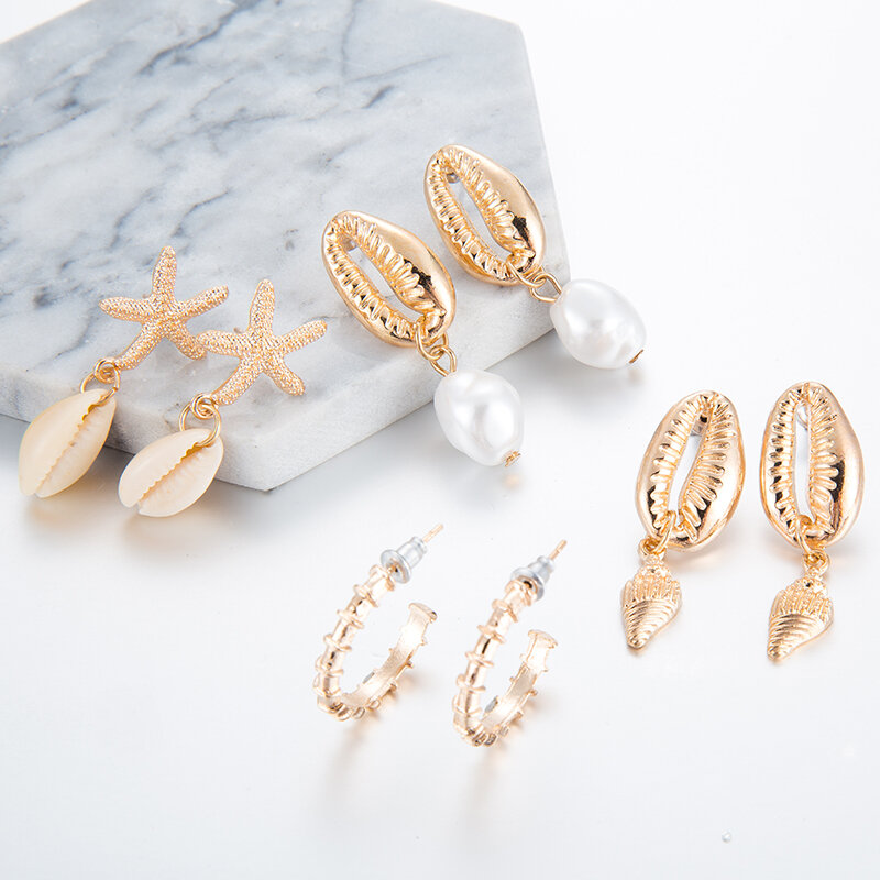 Tocona-Pendientes colgantes de concha y estrella de mar para mujer, aretes de oro estilo bohemio, de perlas, piercing para playa, regalo, F02101