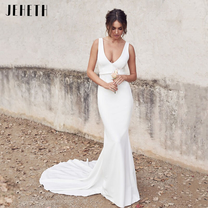 JEHETH-vestidos de noiva sereia em decote V para mulheres, vestido de noiva elegante sem costas, sexy e elegante, 2022