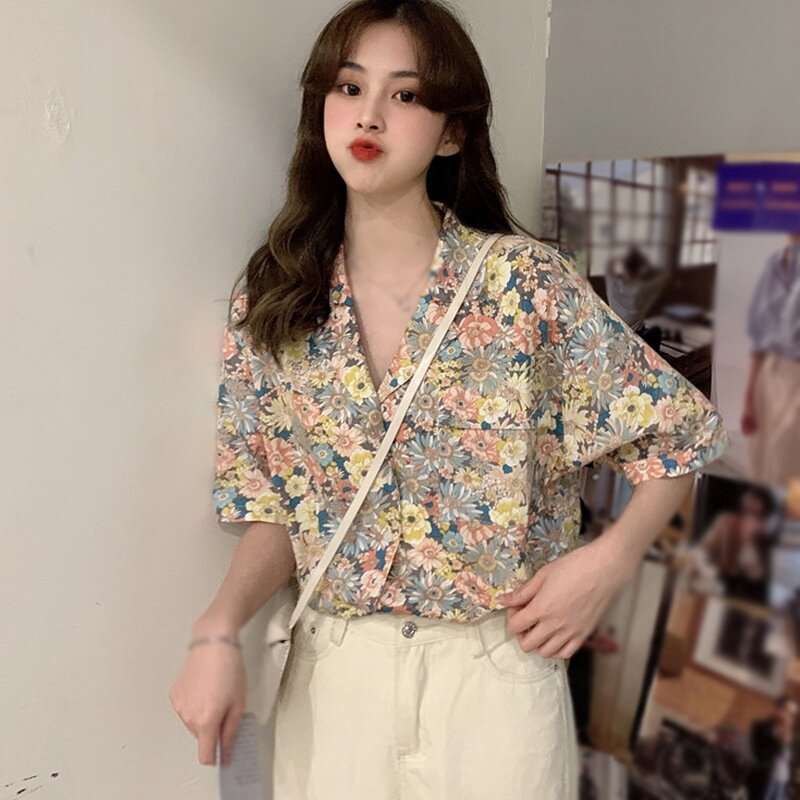 Efinny blusas femininas estilo coreano casual solto manga curta camisa feminina floral impresso blusa chiffon verão