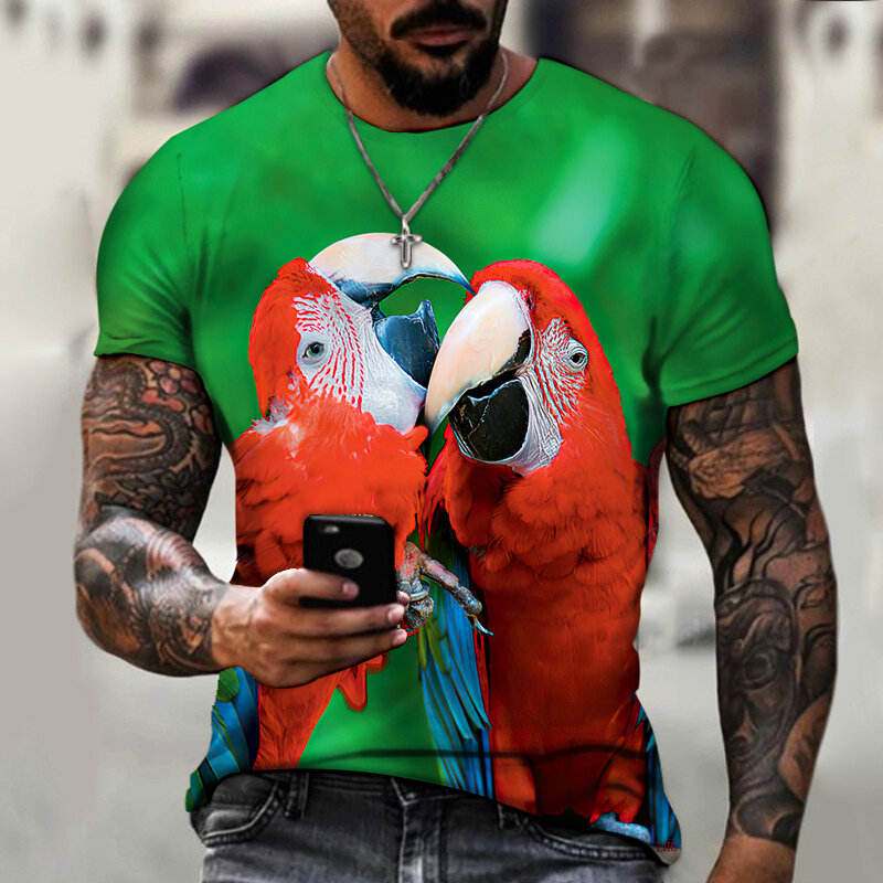 สัตว์โลก Parrot สี HD 3D พิมพ์ชายและหญิงเสื้อยืดแขนสั้นขนาดใหญ่ฤดูร้อนแขนสั้นด้านบน