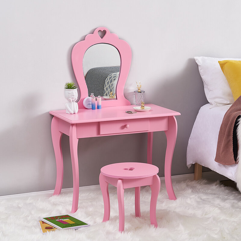 Panana Princess Girls toaletka najwyższej jakości stół do makijażu stołek lustro małe dzieci sypialnia dziewczyny obecne biały/różowy