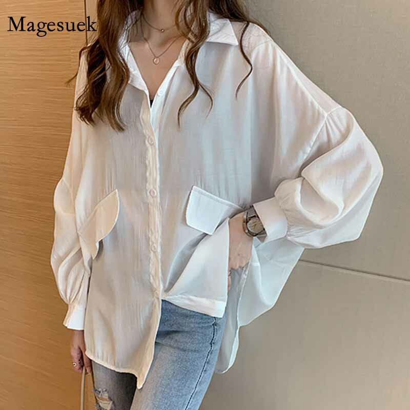 الكورية حجم كبير 2021 قميص طويل المرأة بلايز عادية الربيع فانوس كم فضفاض الأبيض بلوزة قمصان مكتب البلوزات الصلبة 12675