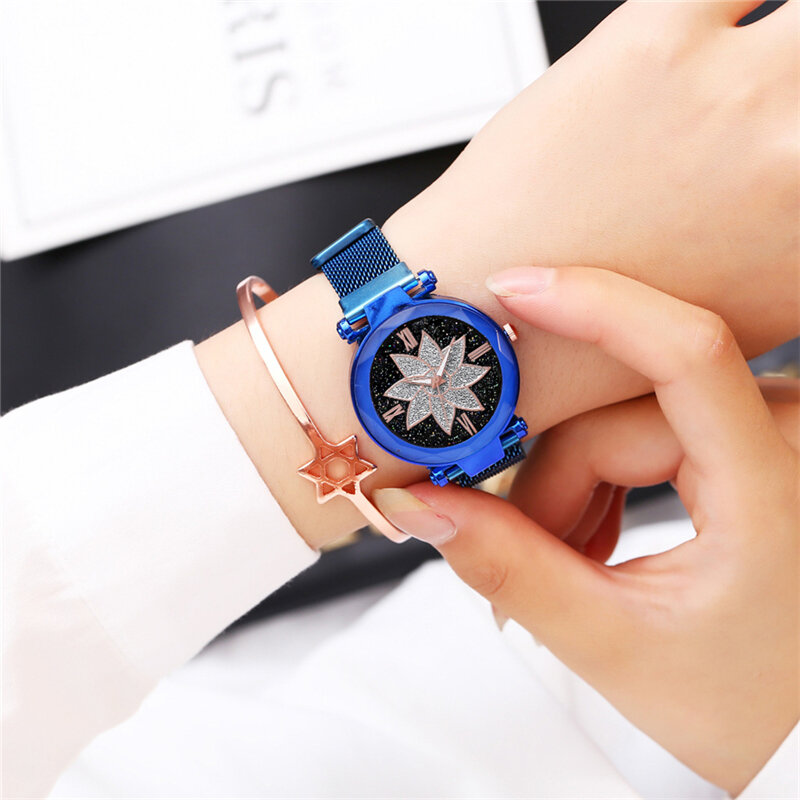 Senhoras Relógio de Luxo Espelho de Aço Inoxidável Fecho Pulseira Senhoras Relógio de Quartzo Com Relógio Céu Estrela Magnética Fivela Delicada