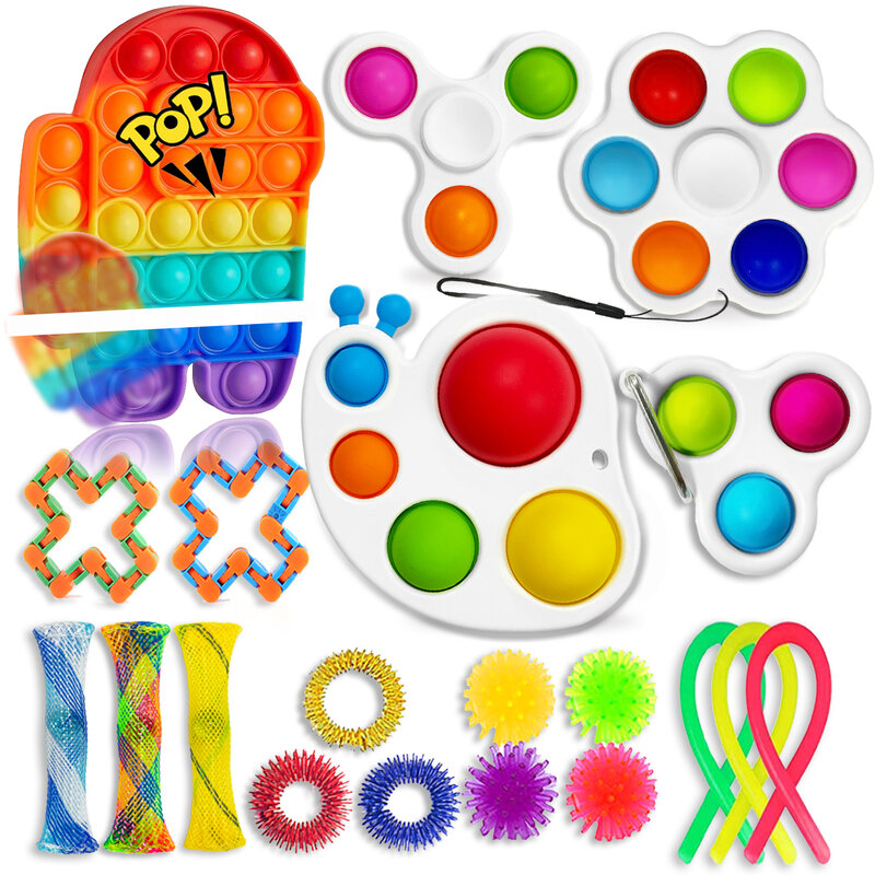 Conjunto de brinquedos sensorial de arco-íris, peças de espremer em plástico bolha, simples, para aliviar o estresse para crianças e adultos, 20 pacotes