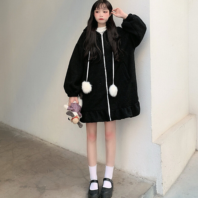 Женское пальто с капюшоном и ушками кролика, винтажное длинное пальто средней длины из овечьей шерсти, с длинным рукавом, в стиле «Лолита», з...